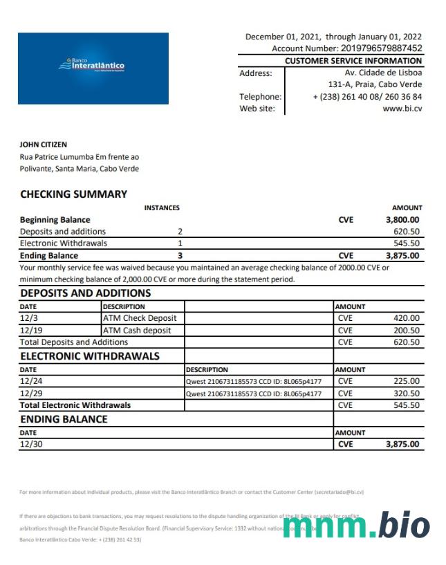 Wyciąg bankowy Cabo Verde Banco Inter-Atlântico Excel i szablon PDF (AutoSum)